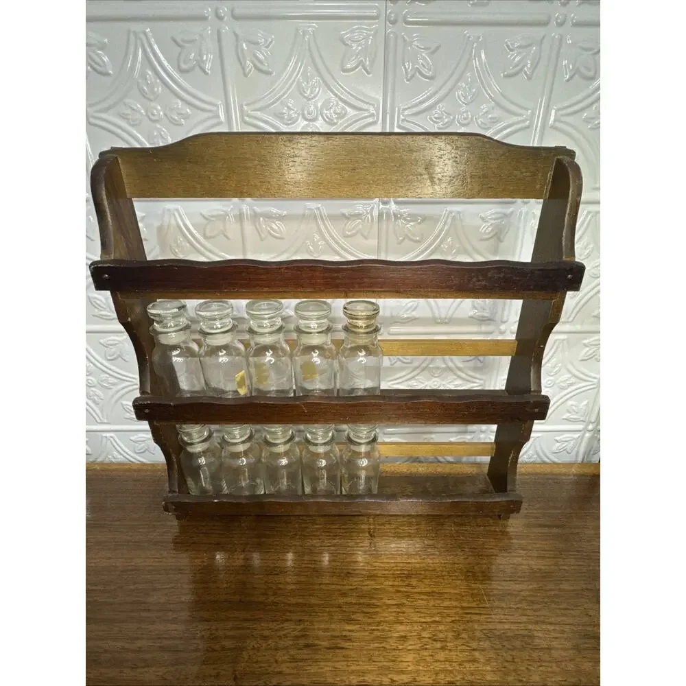 Vintage Wall Hanging Wooden Spice Rack With Glass Spice Jars